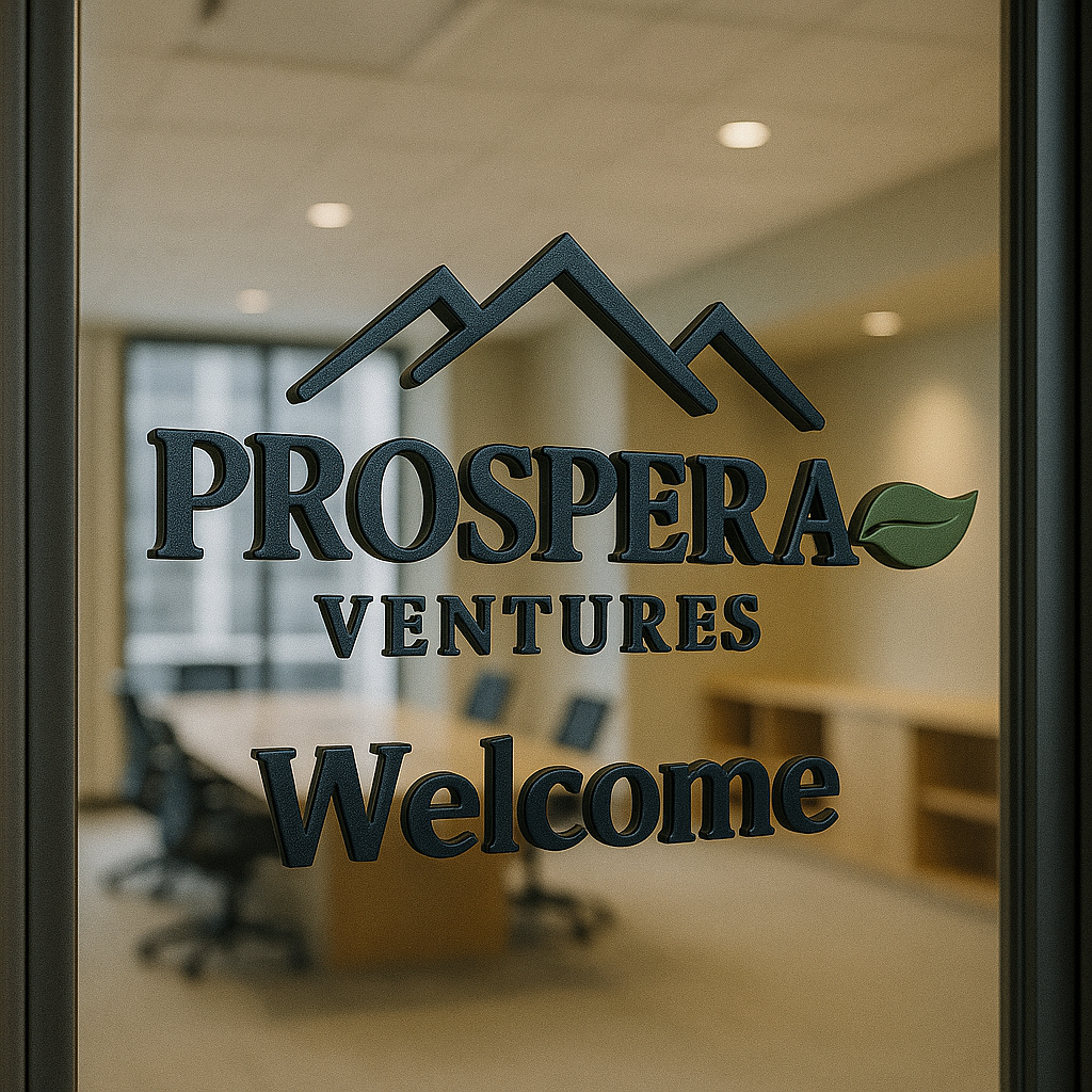 3D Prospera Ventures logo and “Welcome” sign on glass office door with modern office interior in background.